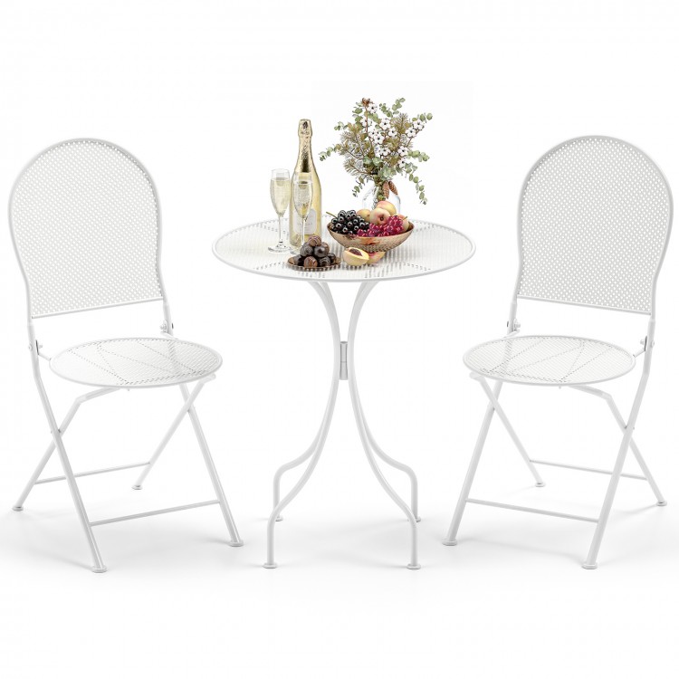 White 3-piece metal bistro set featuring a round table and two folding chairs, perfect for indoor or outdoor use.