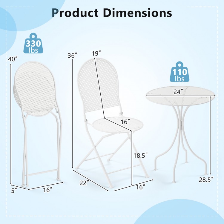 Dimensions of the 3 Piece Metal Bistro Patio Set with a round table and two folding chairs, ideal for indoor and.