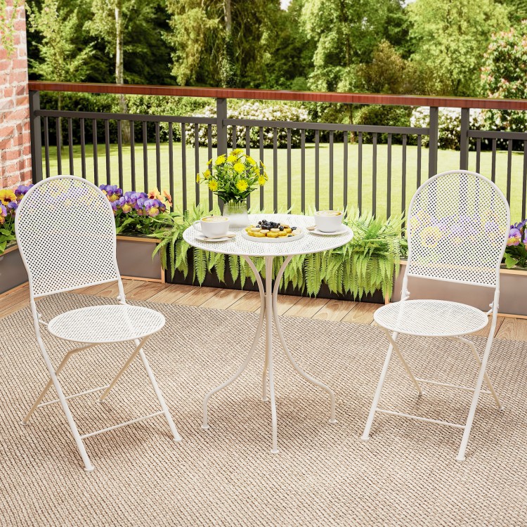 White 3 piece metal bistro set with round table and 2 folding chairs, perfect for outdoor patio dining.