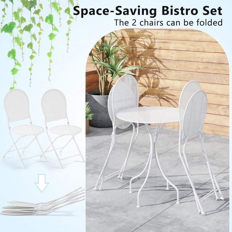 White 3-piece metal bistro set featuring a round table and two foldable chairs, perfect for indoor and outdoor use.