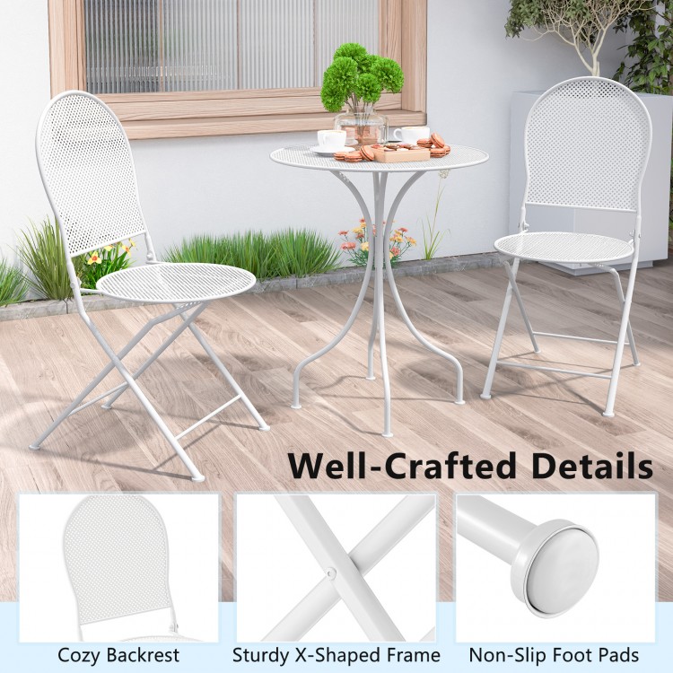 White 3-piece metal bistro set with round table and 2 folding chairs, featuring a cozy backrest for indoor and outdoor.