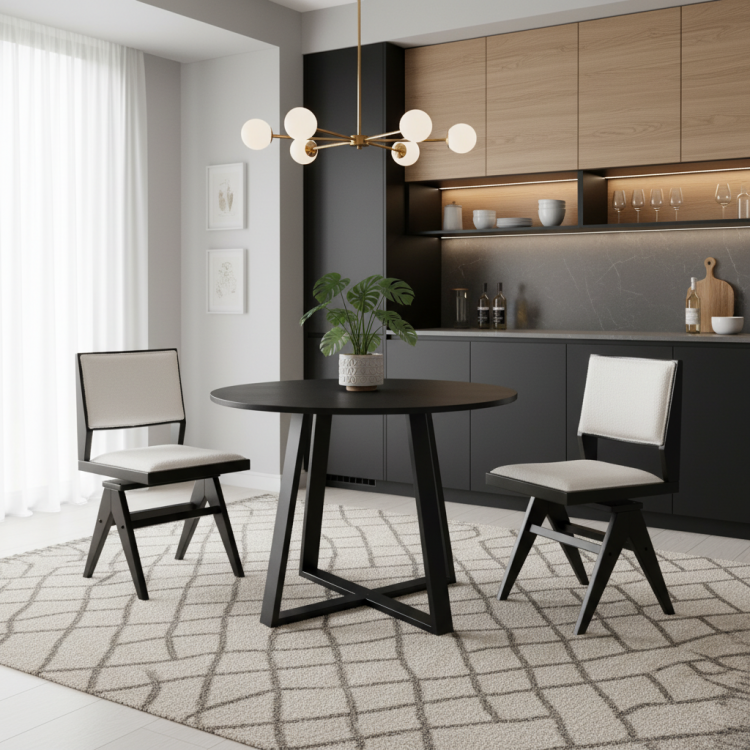 Close-up of swivel upholstered chair with faux sherpa fabric and solid rubber wood frame, perfect for modern dining.