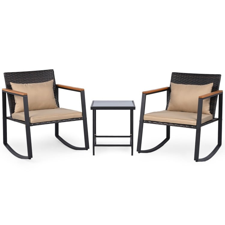 Wicker rocking chair with padded cushion and ergonomic armrest, perfect for comfortable outdoor seating on the patio.