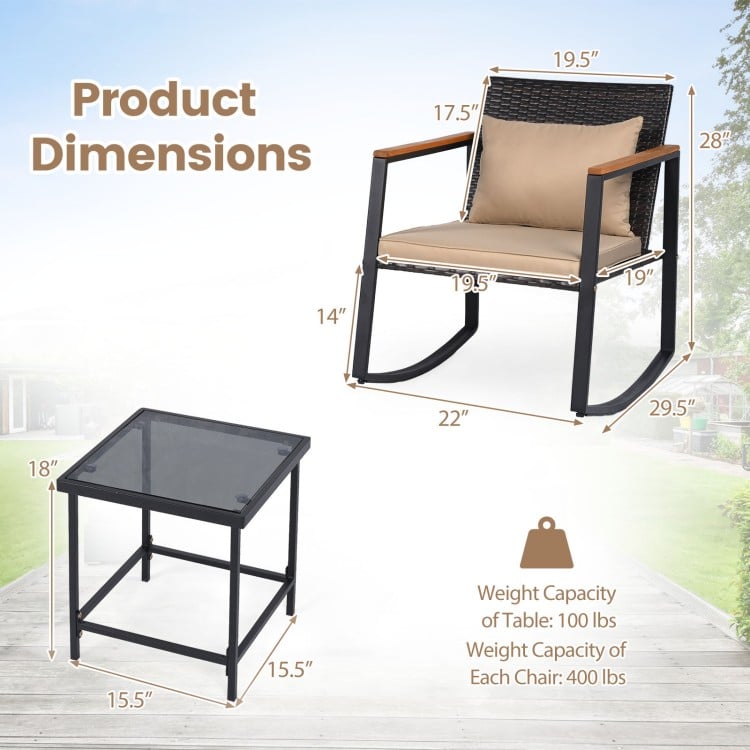 3-piece outdoor rocking bistro set featuring wicker chairs with soft cushions and a tempered glass coffee table for.