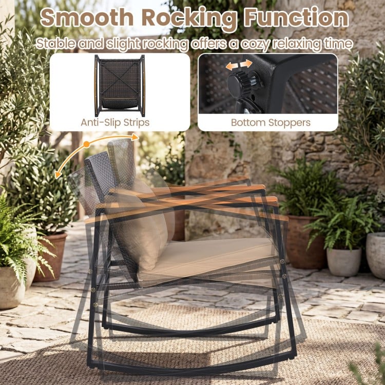 Outdoor rocking chair from the 3-piece bistro set featuring anti-slip strips and soft cushions for cozy relaxation.