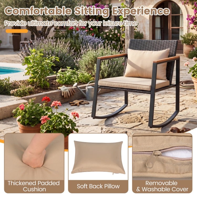 Patio rocking chair with thickened cushion and soft back pillow, ideal for outdoor relaxation by the poolside or garden.