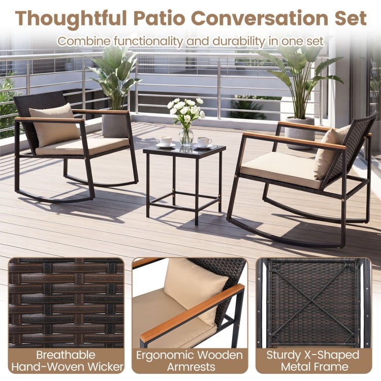 3-piece outdoor rocking bistro set featuring breathable wicker, soft cushions, and a tempered glass tabletop for patio.
