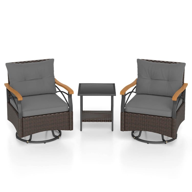 Outdoor swivel chair set featuring gray cushions, PE rattan, and a tempered glass side table for backyard relaxation.