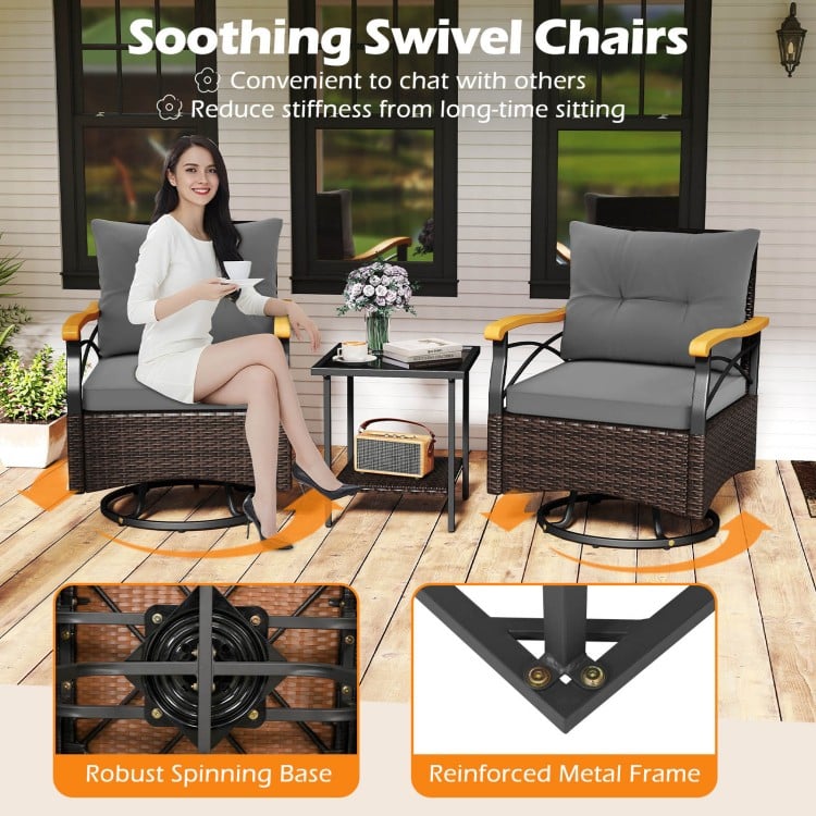 Swivel chairs with gray cushions and acacia wood armrests, perfect for outdoor relaxation by the poolside or porch.