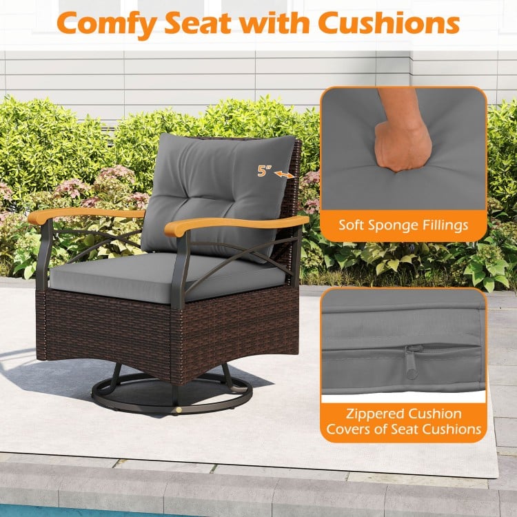 Swivel chair with gray cushions, PE rattan, and acacia wood armrests, perfect for outdoor relaxation by the poolside.