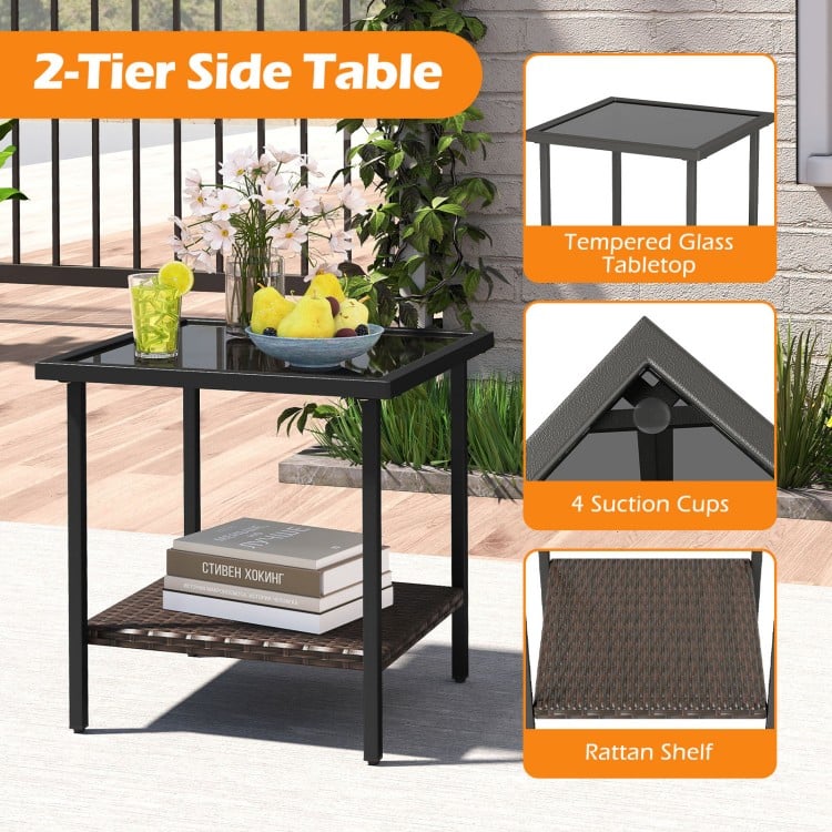 2-tier side table with tempered glass top and rattan shelf, ideal for outdoor use with swivel chair set.