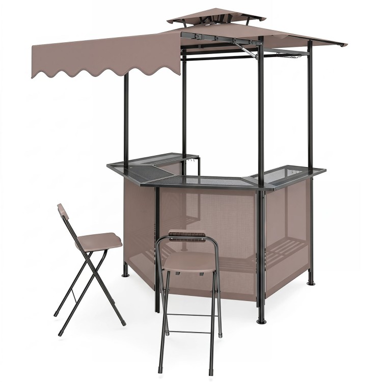 Side view of the brown patio bar set showcasing the sturdy gazebo frame and organized grilling shelves for outdoor.