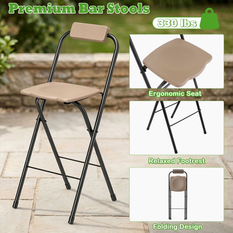 Folding bar stool with ergonomic seat and relaxed footrest, designed for comfort in outdoor patio settings.