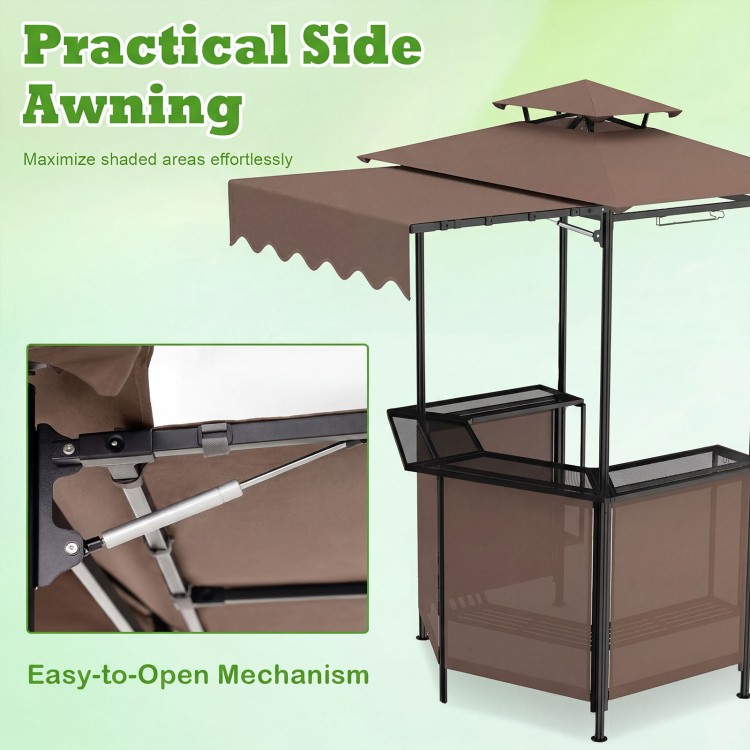 Brown 3-piece patio bar set featuring a gazebo with an easy-to-open awning and two folding bar stools for outdoor.