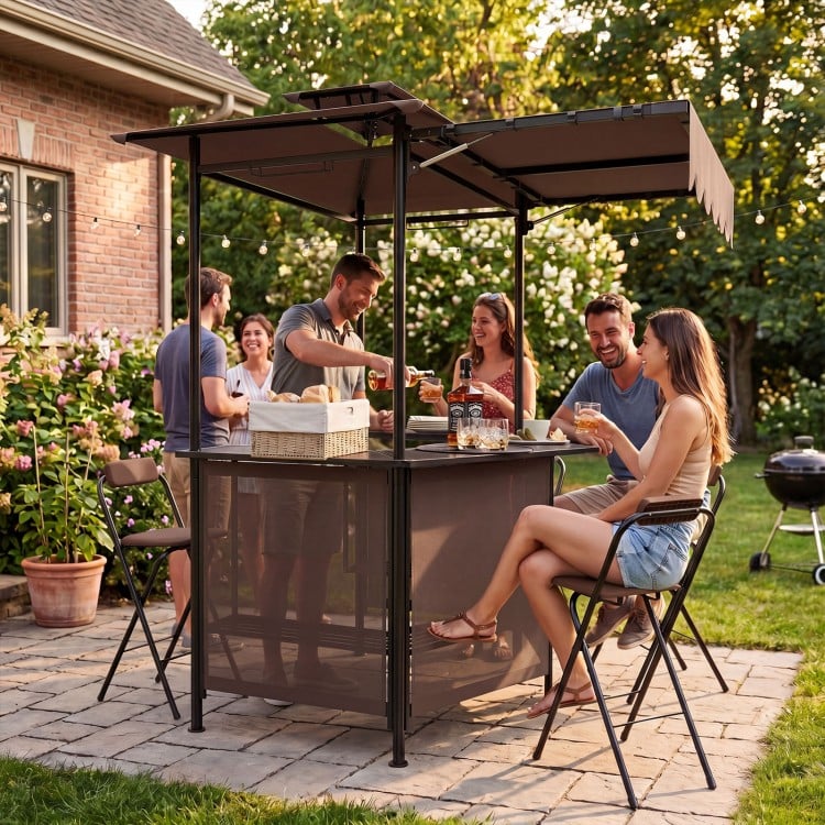 3-piece patio bar set featuring a gazebo and 2 folding bar stools, perfect for outdoor grilling and relaxation.