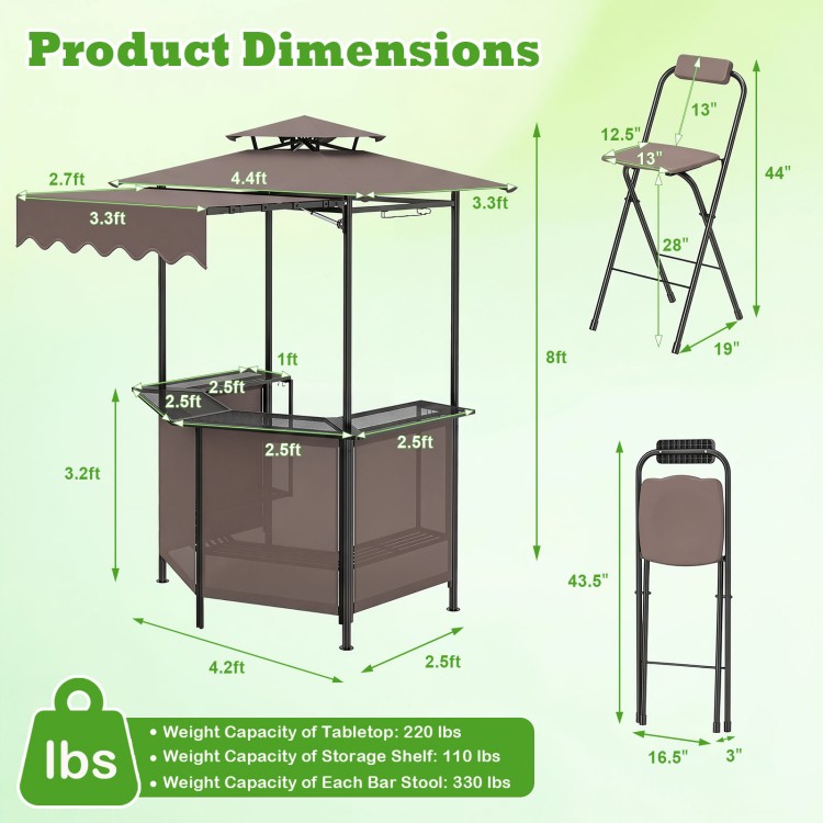 3-piece patio bar set featuring a brown gazebo with heat-resistant tabletop and two folding bar stools for outdoor.