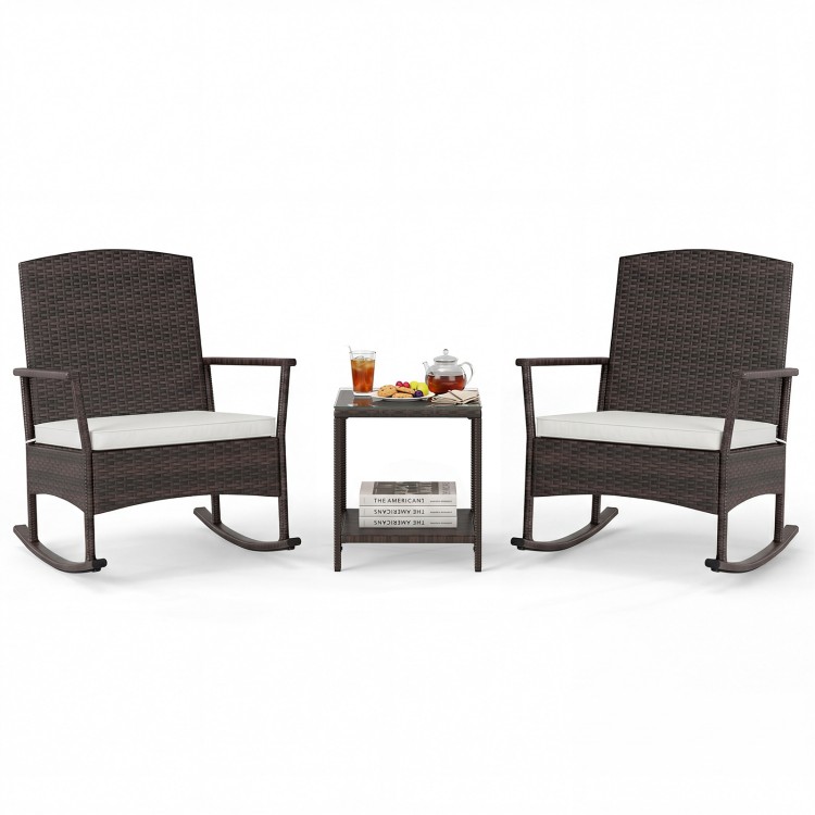 3-piece patio rocking set featuring wicker rocking chairs and a 2-tier coffee table, perfect for backyard relaxation.