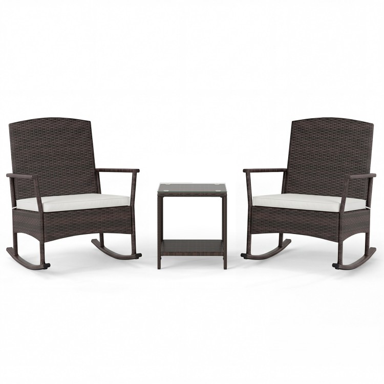 3-piece patio rocking set featuring wicker rocking chairs and a double-tier coffee table, perfect for outdoor.