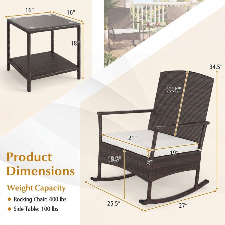 Wicker rocking chair with off-white cushion, featuring a stable rocking base and high backrest for outdoor relaxation.