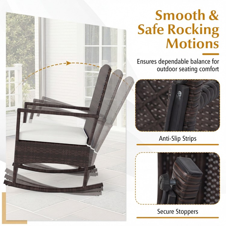 Wicker rocking chair from the 3 Piece Patio Rocking Set with anti-slip pads, ideal for outdoor relaxation.