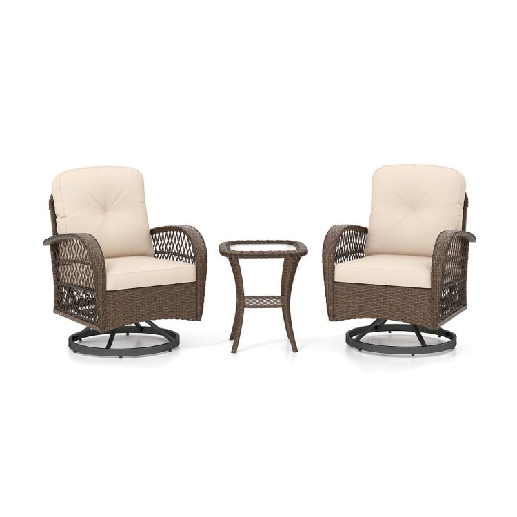 Patio swivel rocker set featuring brown woven rattan, thick cushions, and a tempered glass side table for outdoor.