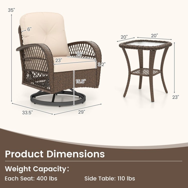 Patio swivel rocker set featuring a brown rattan chair with thick cushions and a tempered glass side table for outdoor.