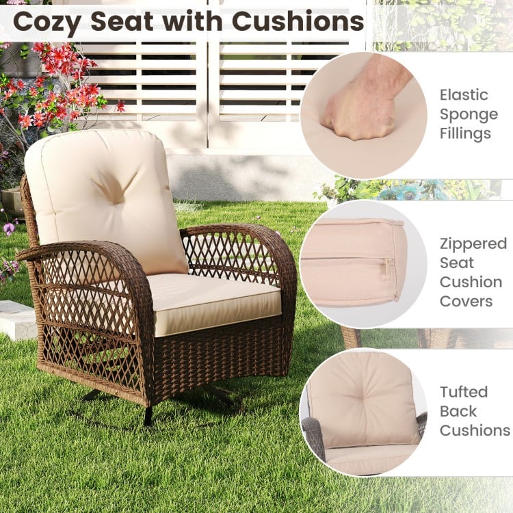 Cozy patio swivel rocker with tufted back cushions and zippered covers, perfect for backyard relaxation.