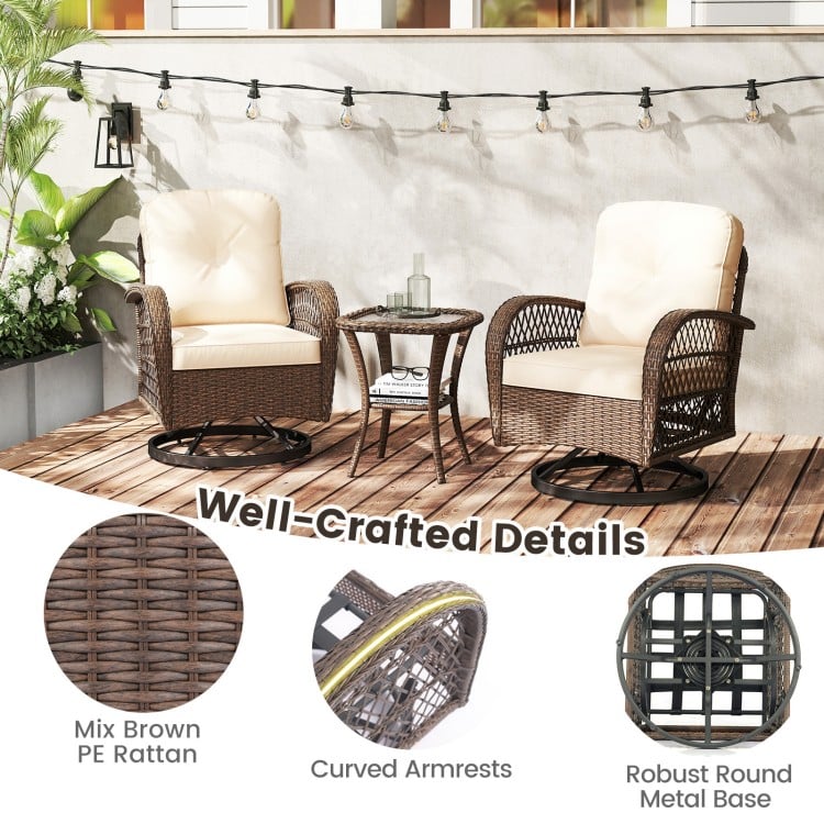 Patio swivel rocker set featuring mix brown PE rattan, thick cushions, and a tempered glass side table for outdoor.