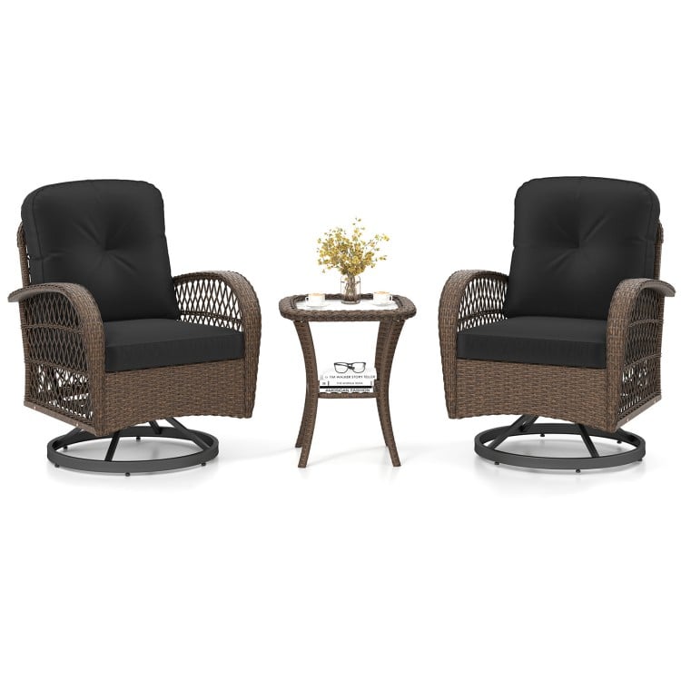 Patio swivel rocker set featuring two chairs with thick black cushions and a tempered glass side table for outdoor.