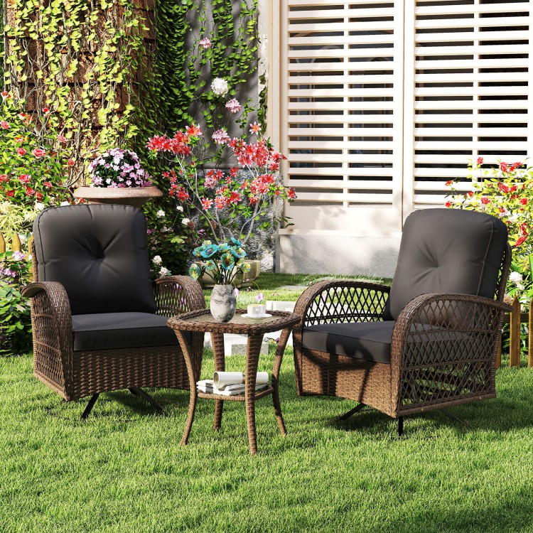 Patio swivel rocker set featuring two chairs with black cushions and a tempered glass side table, perfect for outdoor.