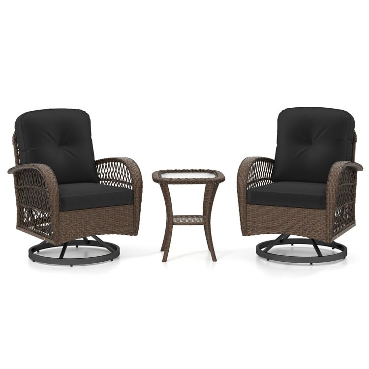 Close-up of a plush black cushion on a patio swivel rocker, offering comfort and style for outdoor spaces.