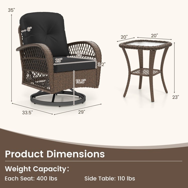 3-piece patio swivel rocker set featuring a black cushioned chair and tempered glass side table for outdoor relaxation.