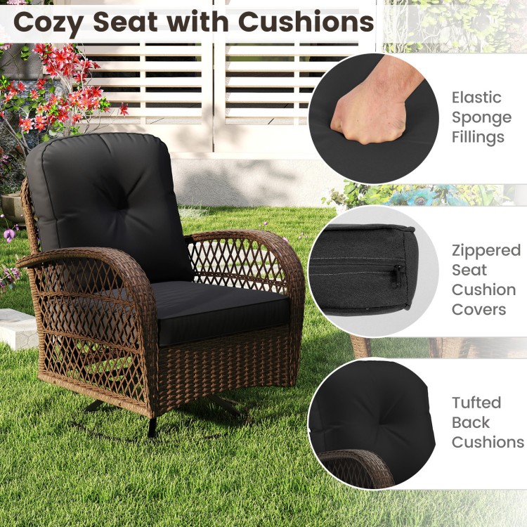 Cozy patio swivel rocker with thick black cushions, crafted from woven rattan, ideal for backyard relaxation.