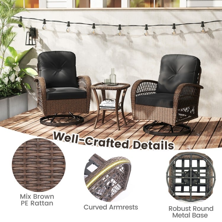 Patio swivel rocker set featuring mix brown PE rattan, thick black cushions, and a tempered glass side table for.