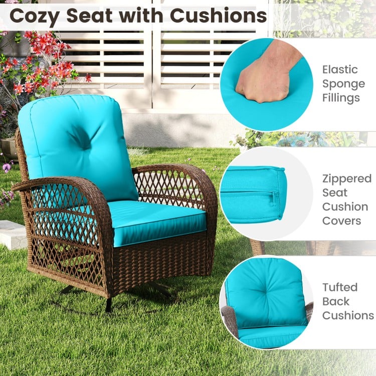 Cozy turquoise seat cushion with tufted back, elastic sponge filling, and zippered cover for easy cleaning in a patio.