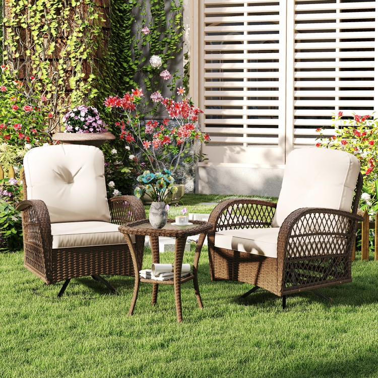 Patio swivel rocker set featuring well-woven rattan, thick white cushions, and a tempered glass side table for outdoor.