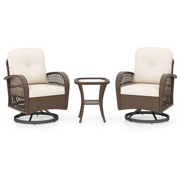 Patio swivel rocker set featuring two chairs with thick cushions and a tempered glass side table, ideal for outdoor.