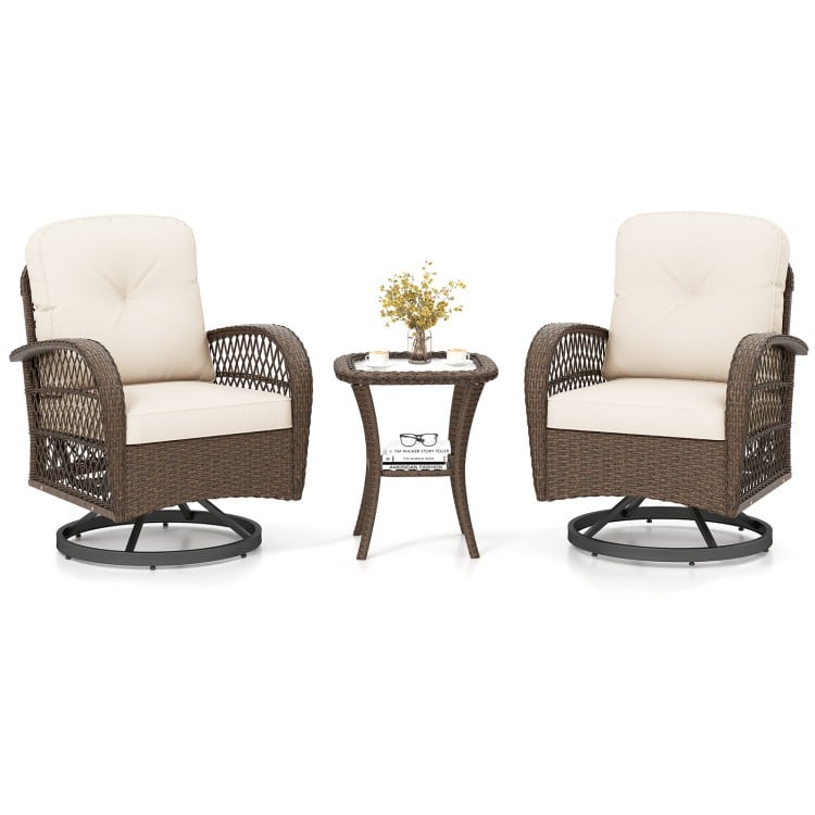 Patio swivel rocker set featuring two chairs with thick cushions and a tempered glass side table, perfect for outdoor.