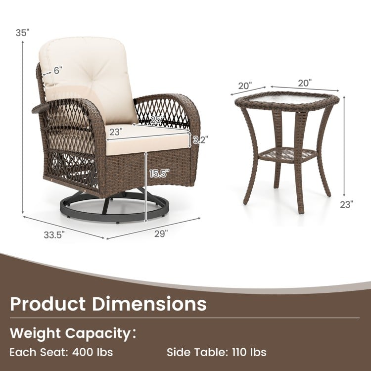 Patio swivel rocker set dimensions with cushioned chairs and tempered glass side table for backyard relaxation.
