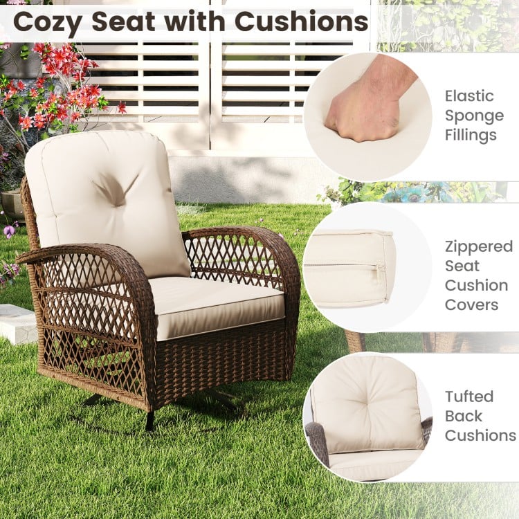 Cozy patio swivel rocker with tufted back cushions, well-woven rattan, and elastic sponge fillings for comfort.