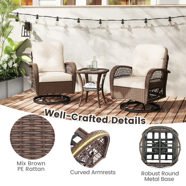 Patio swivel rocker set featuring mix brown PE rattan, thick white cushions, and a tempered glass side table for.