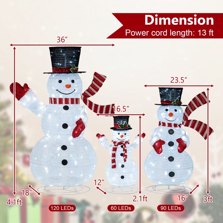 3-piece pre-lit 3D snowman set with 270 LED lights, featuring top hats and red scarves, perfect for winter decor.