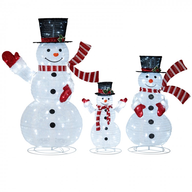 3-piece pre-lit 3D snowman set with 270 LED lights, featuring top hats, red scarves, and plush gloves for festive decor.