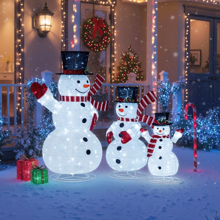 3-piece pre-lit 3D snowman set with 270 LED lights, featuring top hats and red scarves, perfect for winter decorations.
