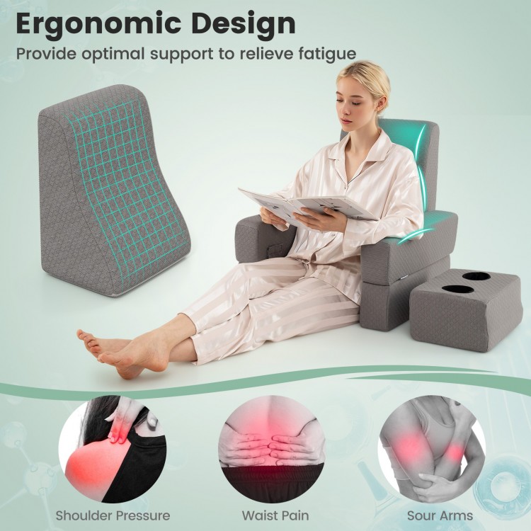 Extra large gray reading pillow set with ergonomic design, lap desk, and removable cover for comfort and convenience.