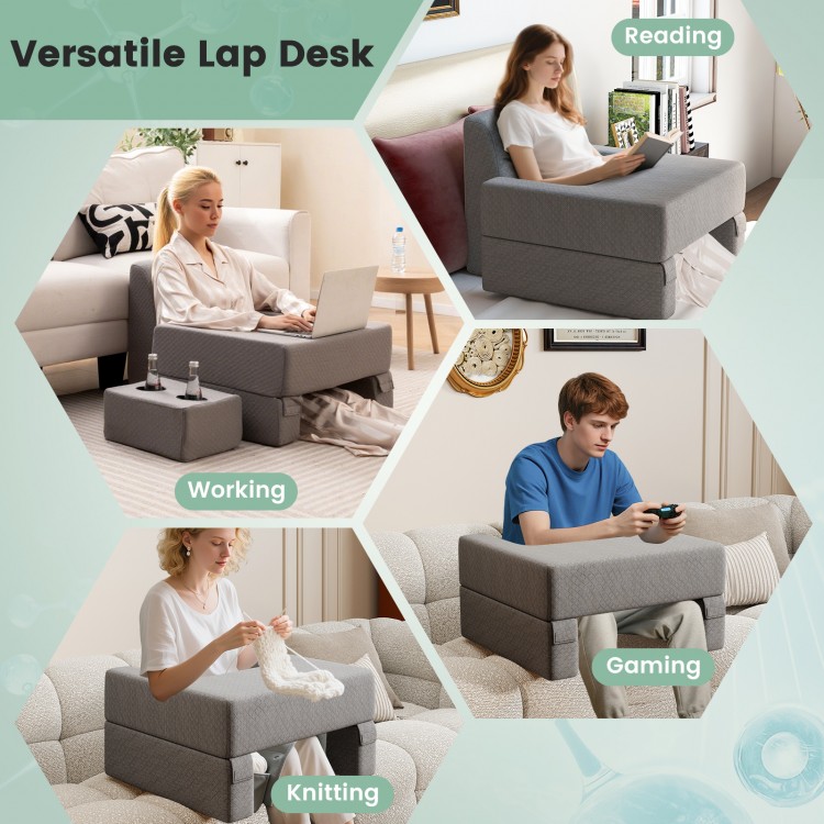 Extra large gray lap desk set with ergonomic back support, ideal for reading, working, gaming, and knitting.
