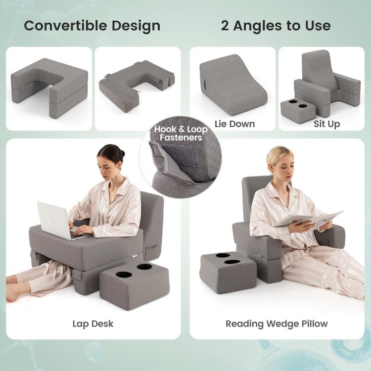 Extra large gray lap desk and reading wedge pillow set with cup holders and ergonomic design for versatile use.