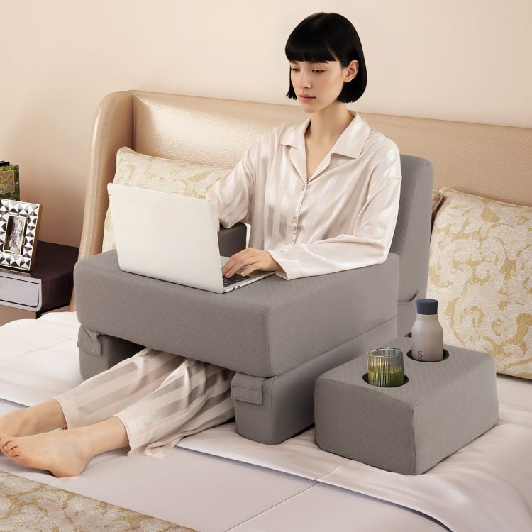 Extra large gray lap desk and reading pillow set with ergonomic design, cup holders, and removable cover for comfort.