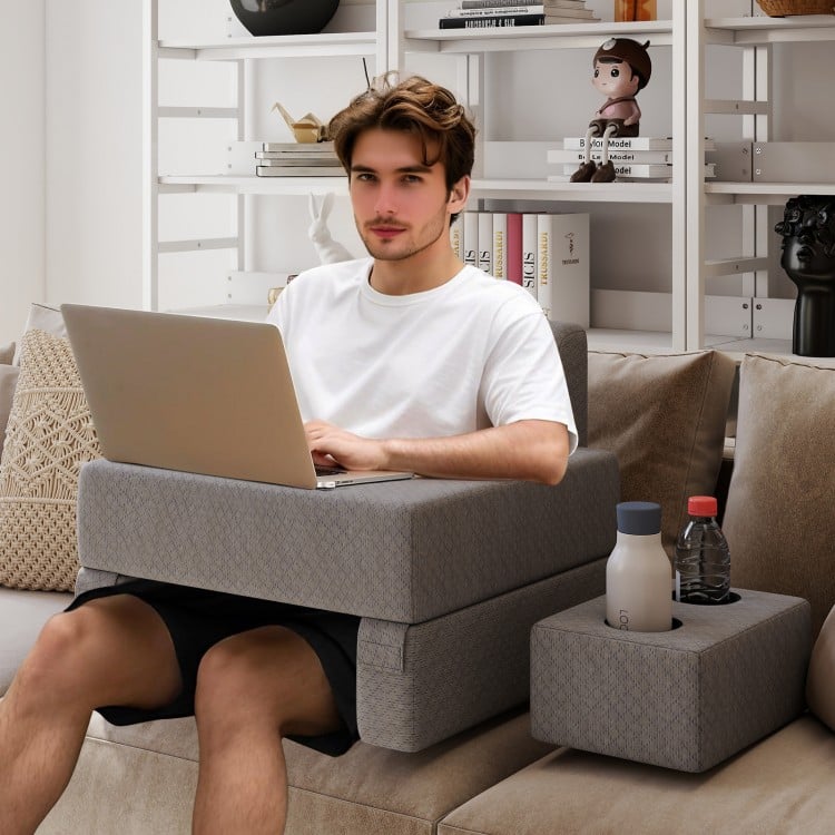 Extra large gray lap desk with ergonomic back support, cup holders, and storage pocket for versatile reading and.