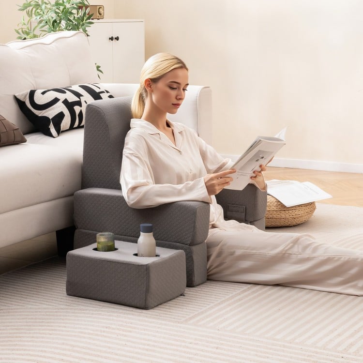 Extra large gray reading pillow set with lap desk and coaster, designed for comfort and ergonomic support while reading.